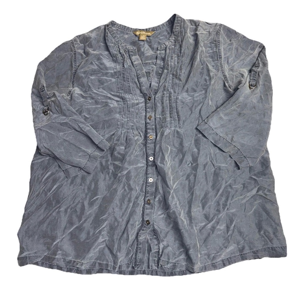 Tommy Bahama Silk Button Up Pleated Front Roll Up Sleeves Navy Blouse Womens
